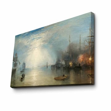 Lerretsbilde 70x100 cm - Stemningsfull havnescene med seilbåter og skip under en dramatisk himmel - Blå / Grå / Beige - Interiør - Maleri & posters - Lerretsbilder