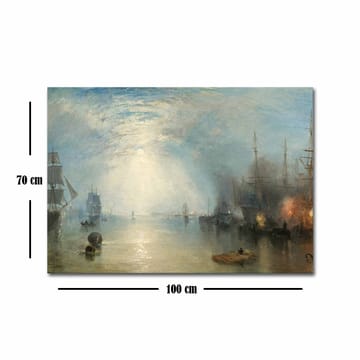 Lerretsbilde 70x100 cm - Stemningsfull havnescene med seilbåter og skip under en dramatisk himmel - Blå / Grå / Beige - Interiør - Maleri & posters - Lerretsbilder