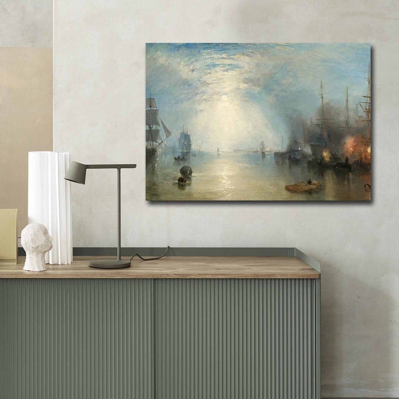 Lerretsbilde 70x100 cm - Stemningsfull havnescene med seilbåter og skip under en dramatisk himmel - Blå / Grå / Beige - Interiør - Maleri & posters - Lerretsbilder