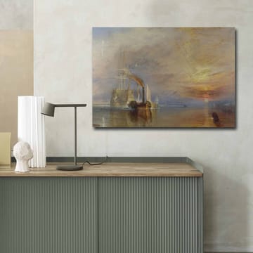 Lerretsbilde 70x100 cm - Stemningsfull innsjø med dampbåter som seiler under en fargerik himmel - Blå / Oransje / Grå - Interiør - Maleri & posters - Lerretsbilder