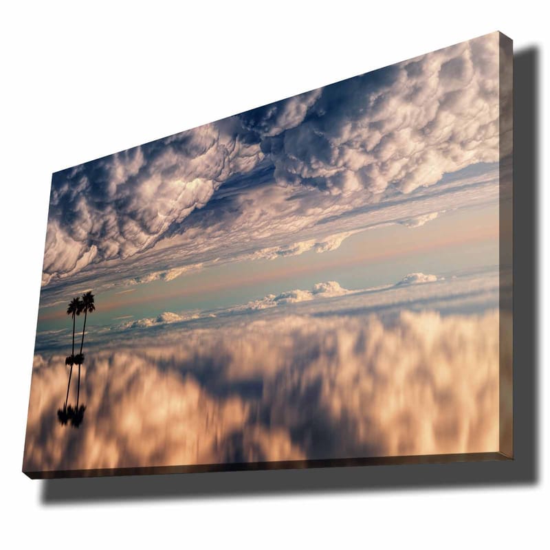 Lerretsbilde 70x100 cm - Stemningsfullt landskapsmaleri med palmer speilet i en drømmeaktig himmel fylt med skyer, Blå / Beige / Hvit