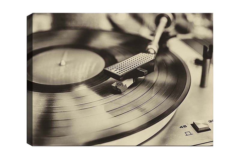 Lerretsbilde 70x100 cm - Stilig bilde av en platespiller med en spinnende vinylplate, Svart / Grå