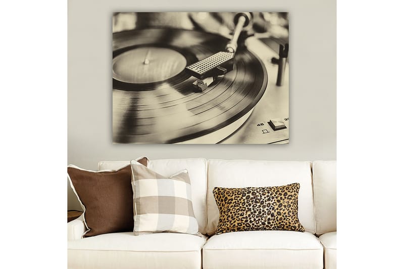 Lerretsbilde 70x100 cm - Stilig bilde av en platespiller med en spinnende vinylplate - Svart / Grå - Interiør - Maleri & posters - Lerretsbilder