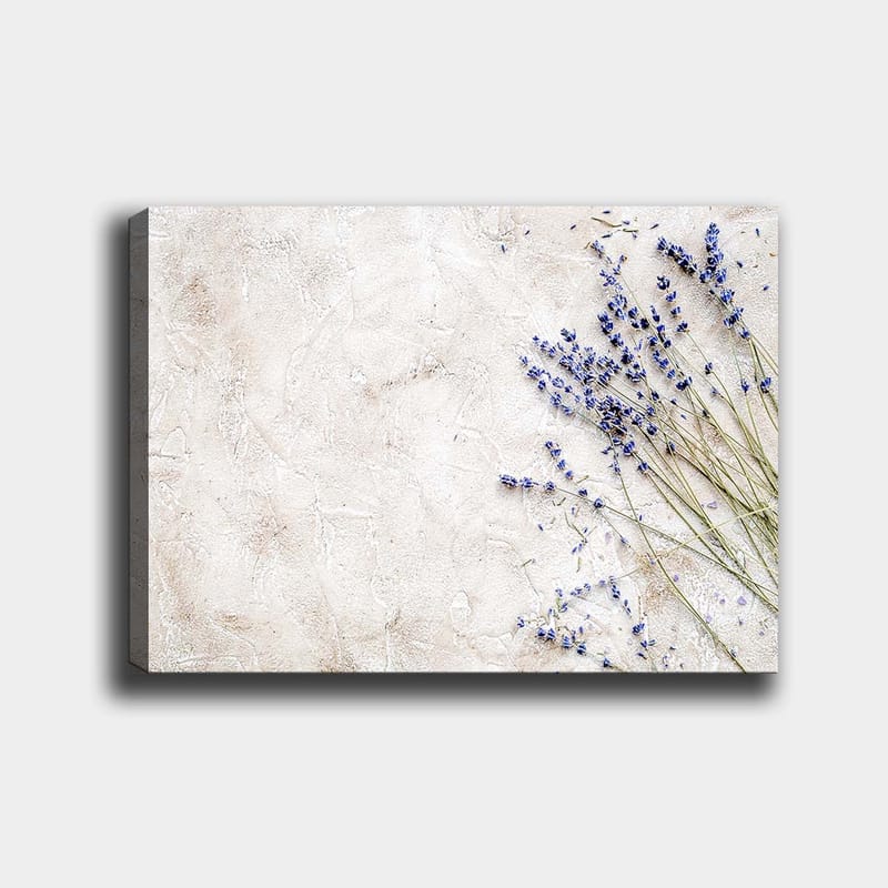 Lerretsbilde 70x100 cm - Stilig komposisjon av lavendelblomster på en lys, strukturert bakgrunn, Lys lilla / Beige