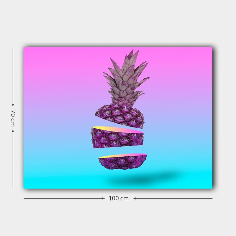 Lerretsbilde 70x100 cm - Stilisert ananas kuttet i tre deler med en fargerik bakgrunn - Lilla / Gul / Turkis - Interiør - Maleri & posters - Lerretsbilder