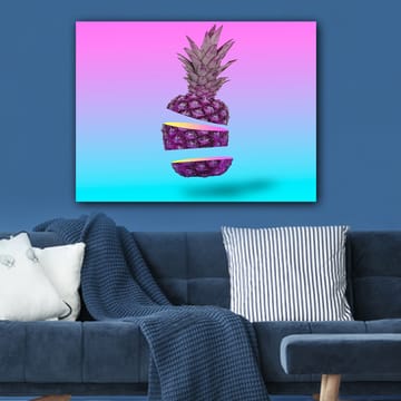 Lerretsbilde 70x100 cm - Stilisert ananas kuttet i tre deler med en fargerik bakgrunn - Lilla / Gul / Turkis - Interiør - Maleri & posters - Lerretsbilder