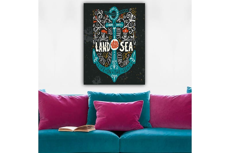 Lerretsbilde 70x100 cm - Stilisert anker med elementer av piratmotiver og tekst som fremhever temaet Land & Hav, Turkis / Hvit / Svart