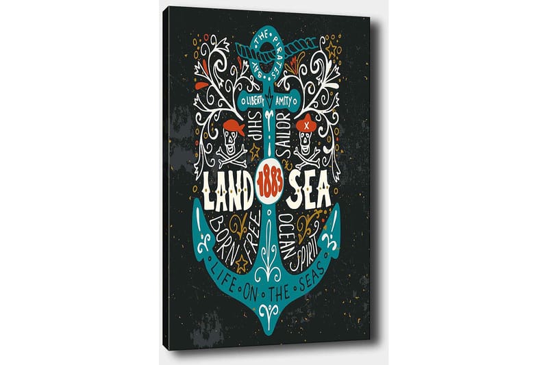 Lerretsbilde 70x100 cm - Stilisert anker med elementer av piratmotiver og tekst som fremhever temaet Land & Hav - Turkis / Hvit / Svart - Interiør - Maleri & posters - Lerretsbilder