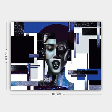 Lerretsbilde 70x100 cm - Stilisert ansiktsbilde med geometriske former og kontrastfarger som skaper en moderne og futuristisk følelse - Mørk blå / Svart / Hvit - Interiør - Maleri & posters - Lerretsbilder