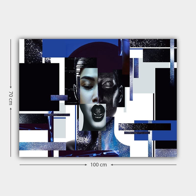 Lerretsbilde 70x100 cm - Stilisert ansiktsbilde med geometriske former og kontrastfarger som skaper en moderne og futuristisk følelse - Mørk blå / Svart / Hvit - Interiør - Maleri & posters - Lerretsbilder