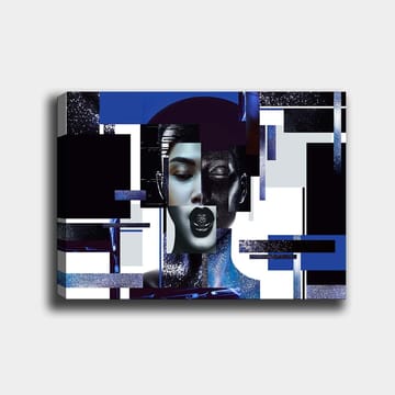 Lerretsbilde 70x100 cm - Stilisert ansiktsbilde med geometriske former og kontrastfarger som skaper en moderne og futuristisk følelse - Mørk blå / Svart / Hvit - Interiør - Maleri & posters - Lerretsbilder