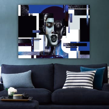 Lerretsbilde 70x100 cm - Stilisert ansiktsbilde med geometriske former og kontrastfarger som skaper en moderne og futuristisk følelse - Mørk blå / Svart / Hvit - Interiør - Maleri & posters - Lerretsbilder