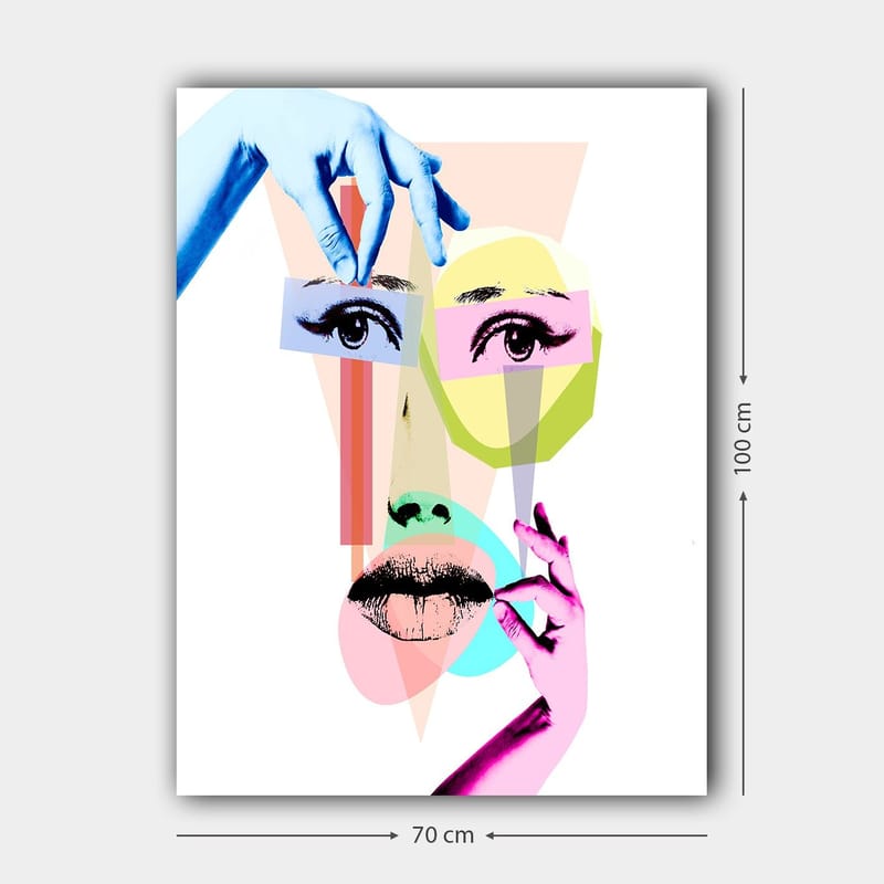Lerretsbilde 70x100 cm - Stilisert ansiktskomposisjon med geometriske former og hender som samhandler med ansiktet - Blå / Rosa / Grønn - Interiør - Maleri & posters - Lerretsbilder