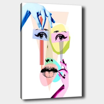 Lerretsbilde 70x100 cm - Stilisert ansiktskomposisjon med geometriske former og hender som samhandler med ansiktet - Blå / Rosa / Grønn - Interiør - Maleri & posters - Lerretsbilder