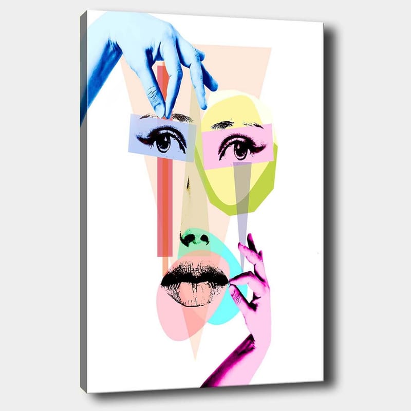 Lerretsbilde 70x100 cm - Stilisert ansiktskomposisjon med geometriske former og hender som samhandler med ansiktet, Blå / Rosa / Grønn