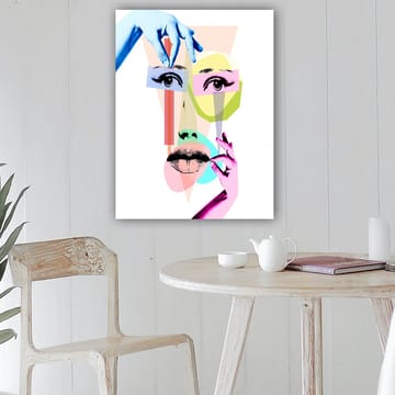 Lerretsbilde 70x100 cm - Stilisert ansiktskomposisjon med geometriske former og hender som samhandler med ansiktet - Blå / Rosa / Grønn - Interiør - Maleri & posters - Lerretsbilder
