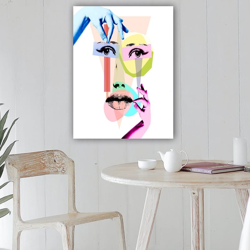 Lerretsbilde 70x100 cm - Stilisert ansiktskomposisjon med geometriske former og hender som samhandler med ansiktet - Blå / Rosa / Grønn - Interiør - Maleri & posters - Lerretsbilder