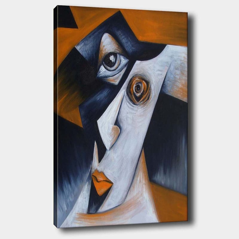 Lerretsbilde 70x100 cm - Stilisert ansiktsportrett med kontrasterende former og uttrykk, Svart / Hvit / Oransje
