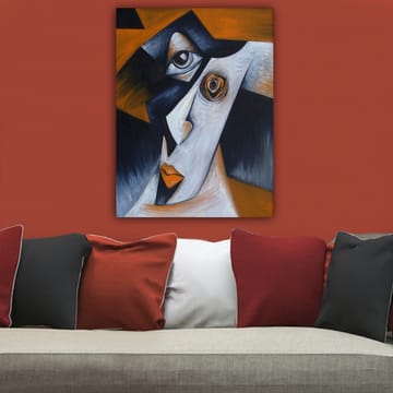 Lerretsbilde 70x100 cm - Stilisert ansiktsportrett med kontrasterende former og uttrykk - Svart / Hvit / Oransje - Interiør - Maleri & posters - Lerretsbilder