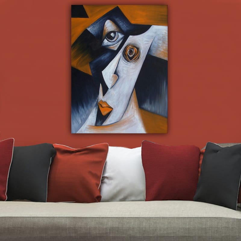 Lerretsbilde 70x100 cm - Stilisert ansiktsportrett med kontrasterende former og uttrykk - Svart / Hvit / Oransje - Interiør - Maleri & posters - Lerretsbilder