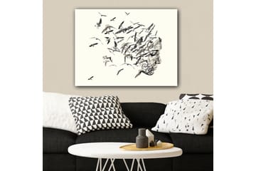Lerretsbilde 70x100 cm - Stilisert ansiktsprofil som smelter sammen med flygende fugler - Grå / Svart / Beige - Interiør - Maleri & posters - Lerretsbilder