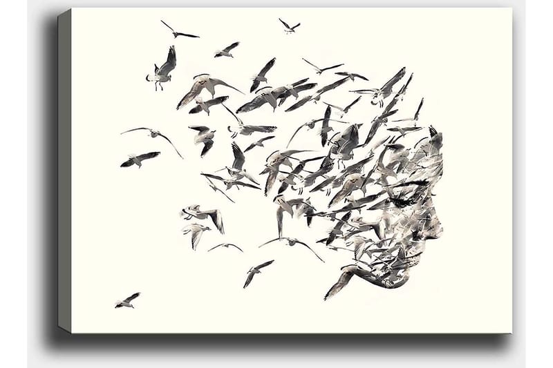 Lerretsbilde 70x100 cm - Stilisert ansiktsprofil som smelter sammen med flygende fugler - Grå / Svart / Beige - Interiør - Maleri & posters - Lerretsbilder