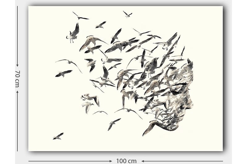 Lerretsbilde 70x100 cm - Stilisert ansiktsprofil som smelter sammen med flygende fugler - Grå / Svart / Beige - Interiør - Maleri & posters - Lerretsbilder