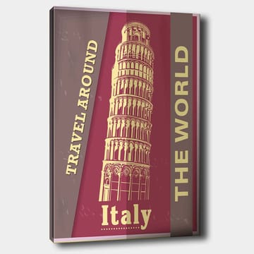 Lerretsbilde 70x100 cm - Stilisert avbildning av Det skjeve tårnet i Pisa, omgitt av tekst som oppfordrer til reise - Mørk rød / Beige - Interiør - Maleri & posters - Lerretsbilder