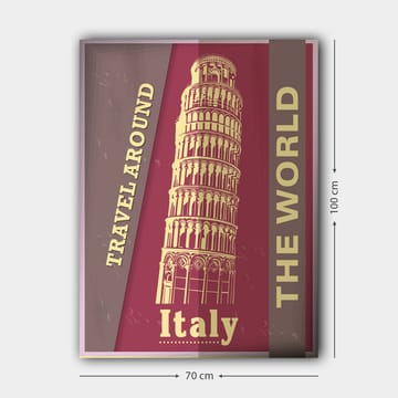 Lerretsbilde 70x100 cm - Stilisert avbildning av Det skjeve tårnet i Pisa, omgitt av tekst som oppfordrer til reise - Mørk rød / Beige - Interiør - Maleri & posters - Lerretsbilder