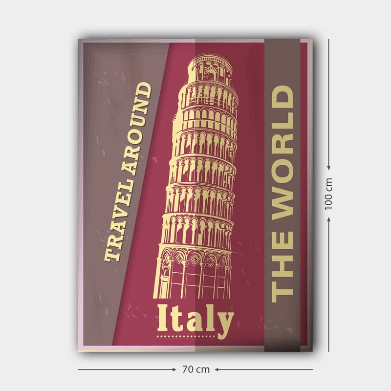 Lerretsbilde 70x100 cm - Stilisert avbildning av Det skjeve tårnet i Pisa, omgitt av tekst som oppfordrer til reise - Mørk rød / Beige - Interiør - Maleri & posters - Lerretsbilder