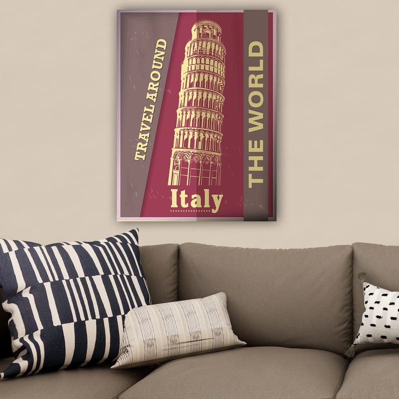 Lerretsbilde 70x100 cm - Stilisert avbildning av Det skjeve tårnet i Pisa, omgitt av tekst som oppfordrer til reise - Mørk rød / Beige - Interiør - Maleri & posters - Lerretsbilder