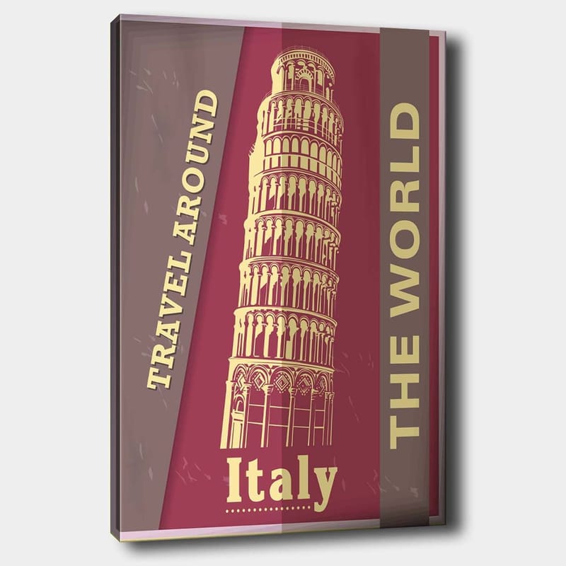 Lerretsbilde 70x100 cm - Stilisert avbildning av Det skjeve tårnet i Pisa, omgitt av tekst som oppfordrer til reise, Mørk rød / Beige