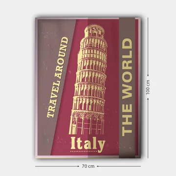 Lerretsbilde 70x100 cm - Stilisert avbildning av Det skjeve tårnet i Pisa, omgitt av tekst som oppfordrer til reise - Mørk rød / Beige - Interiør - Maleri & posters - Lerretsbilder