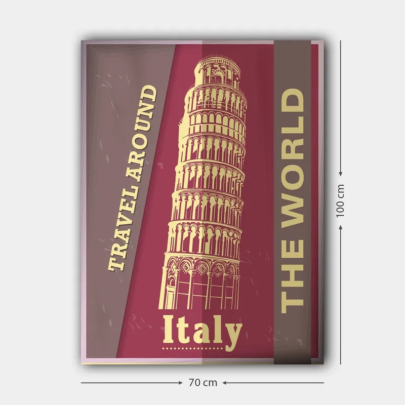 Lerretsbilde 70x100 cm - Stilisert avbildning av Det skjeve tårnet i Pisa, omgitt av tekst som oppfordrer til reise - Mørk rød / Beige - Interiør - Maleri & posters - Lerretsbilder