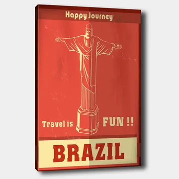 Lerretsbilde 70x100 cm - Stilisert avbildning av Kristusstatuen i Rio de Janeiro med en glad reisemelding - Rød / Beige - Interiør - Maleri & posters - Lerretsbilder