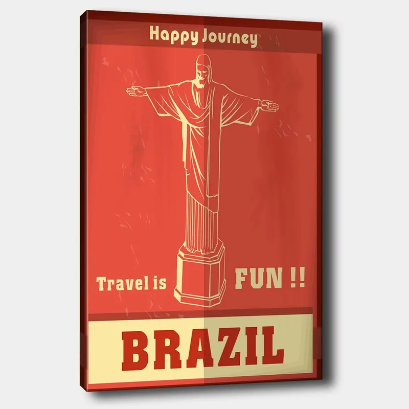 Lerretsbilde 70x100 cm - Stilisert avbildning av Kristusstatuen i Rio de Janeiro med en glad reisemelding, Rød / Beige
