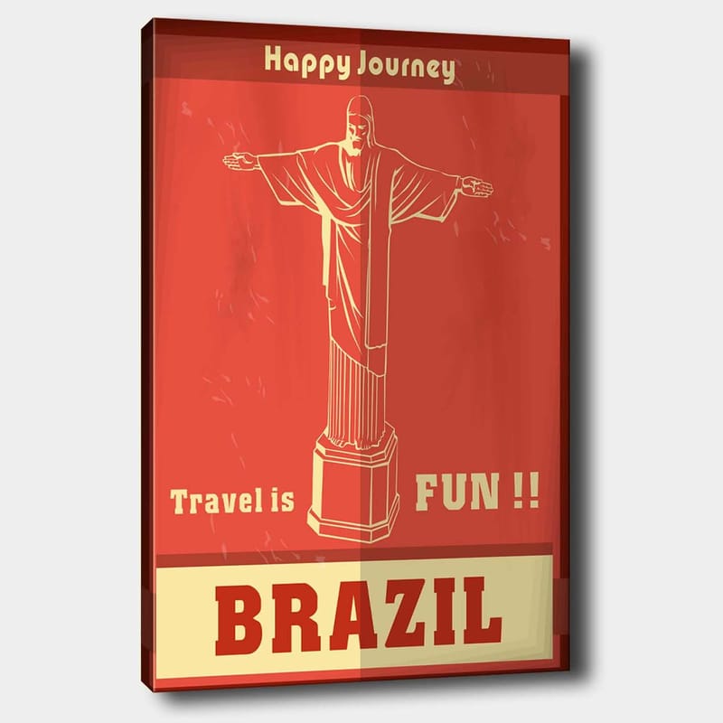 Lerretsbilde 70x100 cm - Stilisert avbildning av Kristusstatuen i Rio de Janeiro med en glad reisemelding, Rød / Beige