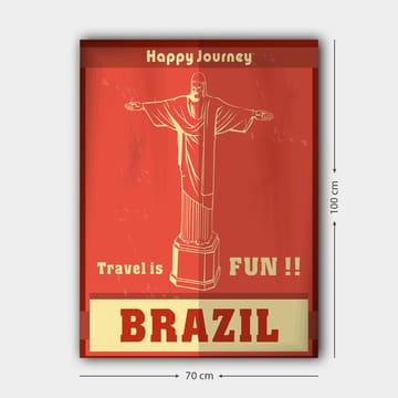 Lerretsbilde 70x100 cm - Stilisert avbildning av Kristusstatuen i Rio de Janeiro med en glad reisemelding - Rød / Beige - Interiør - Maleri & posters - Lerretsbilder