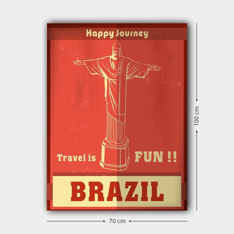 Lerretsbilde 70x100 cm - Stilisert avbildning av Kristusstatuen i Rio de Janeiro med en glad reisemelding - Rød / Beige - Interiør - Maleri & posters - Lerretsbilder