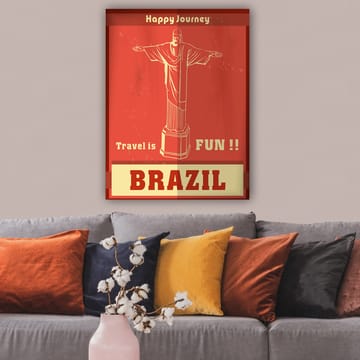 Lerretsbilde 70x100 cm - Stilisert avbildning av Kristusstatuen i Rio de Janeiro med en glad reisemelding - Rød / Beige - Interiør - Maleri & posters - Lerretsbilder