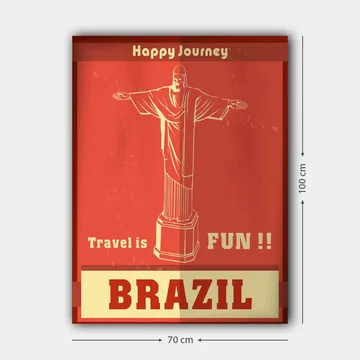 Lerretsbilde 70x100 cm - Stilisert avbildning av Kristusstatuen i Rio de Janeiro med en glad reisemelding - Rød / Beige - Interiør - Maleri & posters - Lerretsbilder
