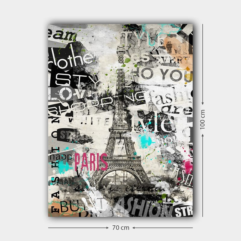 Lerretsbilde 70x100 cm - Stilisert bilde av Eiffeltårnet omgitt av moteord og fargerike detaljer - Svart / Rosa / Turkis - Interiør - Maleri & posters - Lerretsbilder