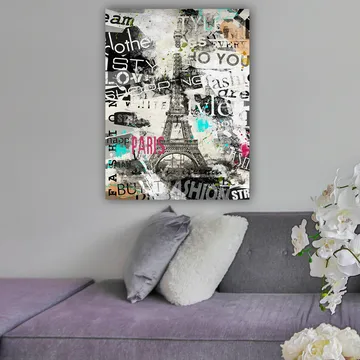 Lerretsbilde 70x100 cm - Stilisert bilde av Eiffeltårnet omgitt av moteord og fargerike detaljer - Svart / Rosa / Turkis - Interiør - Maleri & posters - Lerretsbilder