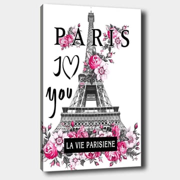 Lerretsbilde 70x100 cm - Stilisert bilde av Eiffeltårnet omgitt av rosa blomster og teksten PARIS I Love you - Rosa / Svart / Grå - Interiør - Maleri & posters - Lerretsbilder