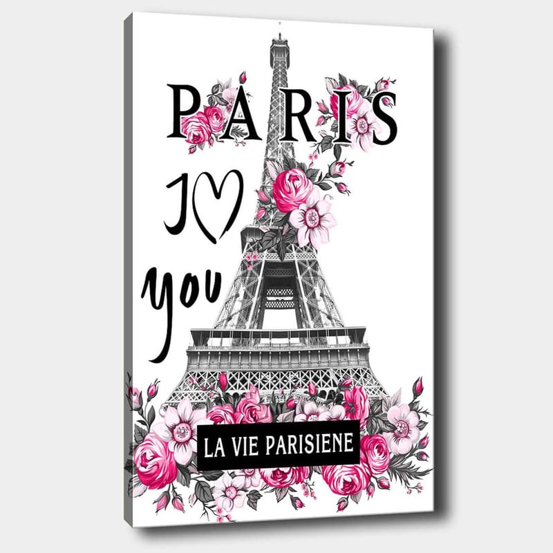 Lerretsbilde 70x100 cm - Stilisert bilde av Eiffeltårnet omgitt av rosa blomster og teksten PARIS I Love you, Rosa / Svart / Grå