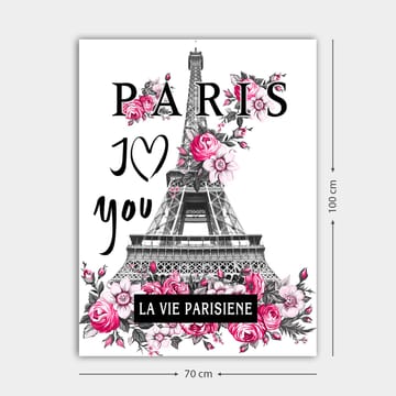 Lerretsbilde 70x100 cm - Stilisert bilde av Eiffeltårnet omgitt av rosa blomster og teksten PARIS I Love you - Rosa / Svart / Grå - Interiør - Maleri & posters - Lerretsbilder