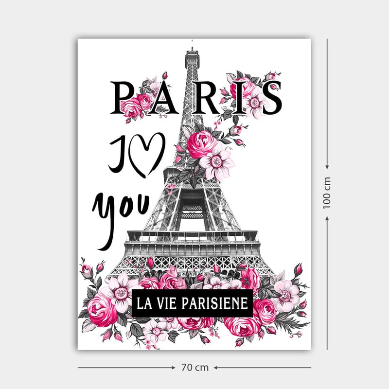 Lerretsbilde 70x100 cm - Stilisert bilde av Eiffeltårnet omgitt av rosa blomster og teksten PARIS I Love you - Rosa / Svart / Grå - Interiør - Maleri & posters - Lerretsbilder