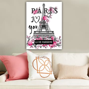 Lerretsbilde 70x100 cm - Stilisert bilde av Eiffeltårnet omgitt av rosa blomster og teksten PARIS I Love you - Rosa / Svart / Grå - Interiør - Maleri & posters - Lerretsbilder