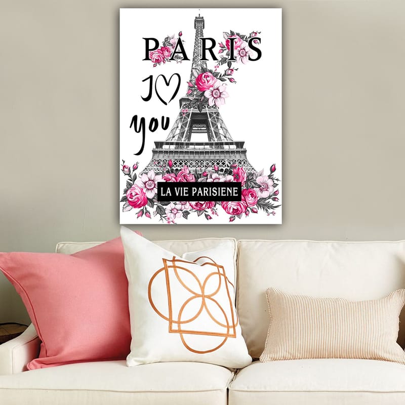 Lerretsbilde 70x100 cm - Stilisert bilde av Eiffeltårnet omgitt av rosa blomster og teksten PARIS I Love you - Rosa / Svart / Grå - Interiør - Maleri & posters - Lerretsbilder