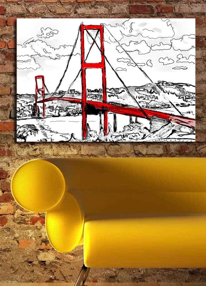 Lerretsbilde 70x100 cm - Stilisert bilde av en rød hengebro med omkringliggende landskap i svart-hvitt - Rød / Svart - Interiør - Maleri & posters - Lerretsbilder